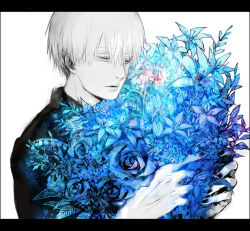 Rule 34 | 1boy, black nails, black shirt, blue flower, bouquet, closed eyes, closed mouth, colored skin, commentary, flower, grey hair, grey skin, holding, holding bouquet, kaneki ken, koujima shikasa, large hands, letterboxed, male focus, nail polish, hugging object, shirt, short hair, simple background, solo, symbol-only commentary, tokyo ghoul, white background