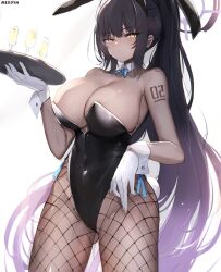Rule 34 | 1girl, animal ears, aqua bow, aqua bowtie, arm tattoo, armpits, artist name, black hair, black leotard, blue archive, blush, bow, bowtie, breasts, cameltoe, champagne flute, cleavage, covered navel, cup, detached collar, drinking glass, fake animal ears, fake tail, fishnet pantyhose, fishnets, gloves, gluteal fold, gradient hair, halo, highres, holding, holding tray, karin (blue archive), karin (bunny) (blue archive), large breasts, leotard, looking at viewer, multicolored hair, nekoya (liu), number tattoo, official alternate costume, pantyhose, playboy bunny, ponytail, purple hair, rabbit ears, rabbit tail, sideboob, simple background, solo, strapless, strapless leotard, tail, tattoo, tray, white background, white gloves, yellow eyes