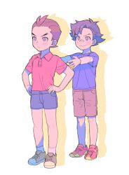 Rule 34 | 2boys, :&gt;, :&lt;, ace attorney, aged down, algorithm march, ankle socks, antenna hair, apollo justice, asymmetrical bangs, bandaid, bandaid on face, bandaid on nose, black hair, blue shirt, blue shorts, blush, blush stickers, brown eyes, brown footwear, brown hair, brown shorts, buttons, child, clay terran, closed mouth, collared shirt, fingernails, full body, gesture request, hands on own hips, layered sleeves, legs apart, long sleeves, male focus, multiple boys, nostrils, ouse (otussger), pastel colors, pocket, polo shirt, reaching, red footwear, shirt, shoes, short hair, short over long sleeves, short sleeves, shorts, simple background, smile, sneakers, socks, spiked hair, standing, t-shirt, v-shaped eyebrows, velcro footwear, white background