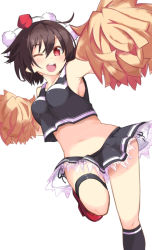 Rule 34 | 1girl, adapted costume, alternate costume, black hair, blush, cheerleader, crop top, crop top overhang, geta, gin (shioyude), hat, heart, heart-shaped pupils, looking at viewer, midriff, navel, one eye closed, open mouth, pointy ears, pom pom (cheerleading), pom pom (clothes), red eyes, shameimaru aya, shirt, simple background, skirt, skirt set, sleeveless, smile, solo, string, symbol-shaped pupils, tengu-geta, tokin hat, touhou, white background