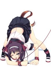 Rule 34 | 1girl, anal tail, arm support, bdsm, bent over, black socks, bondage, bound, brown hair, butt plug, chain, clothes lift, cuffs, f-ism, fake tail, full body, glasses, highres, leash, lower teeth only, murakami suigun, original, pet play, round eyewear, school uniform, serafuku, sex toy, shoes, short hair, socks, solo, spreader bar, tail, teeth, top-down bottom-up, transparent background, uwabaki, wince