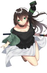 Rule 34 | 1girl, black shirt, breasts, brown footwear, brown hair, casual, closed mouth, collarbone, commentary request, ear piercing, fingernails, full body, green eyes, green jacket, hair between eyes, highres, holding, holding sword, holding weapon, jacket, katana, legs together, long fingernails, long hair, long sleeves, looking at viewer, medium breasts, off shoulder, onineko-chan, open clothes, open jacket, original, piercing, scabbard, sharp fingernails, sheath, sheathed, shirt, shoes, side slit, simple background, skirt, sleeves past elbows, smile, solo, sword, very long hair, weapon, weapon bag, white background, white skirt
