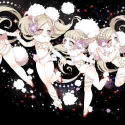 Rule 34 | 4girls, black background, blonde hair, blunt bangs, closed mouth, dress, floating hair, flower, grey eyes, hair flower, hair ornament, hand grab, heart, holding hands, interlocked fingers, mamaloni, multiple girls, navel, original, purple flower, red footwear, shoes, sparkle, standing, standing on one leg, twintails, white dress, wristband