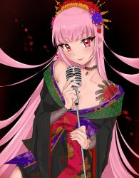 Rule 34 | 1girl, arm tattoo, black kimono, blue flower, breasts, cleavage, collarbone, eyeshadow, flower, hair behind ear, hair flower, hair ornament, head tilt, highres, holding, holding microphone, hololive, hololive english, japanese clothes, kimono, long hair, looking at viewer, makeup, microphone, microphone stand, mori calliope, nail polish, off with their heads, pink eyes, pink eyeshadow, pink flower, pink hair, red nails, smile, solo, tattoo, very long hair, virambs, virtual youtuber