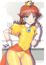 Rule 34 | 1girl, :d, ? block, adapted costume, blue eyes, blush, bodysuit, brooch, brown hair, contrapposto, covered navel, cowboy shot, crown, earrings, flat chest, gem, gloves, hand on own hip, jewelry, long hair, looking at viewer, mario (series), nagase haruhito, nintendo, open mouth, overskirt, playing with own hair, princess daisy, puffy short sleeves, puffy sleeves, short sleeves, skin tight, smile, solo, standing, super mario land, white gloves