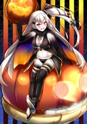 Rule 34 | 10s, 1girl, :d, abyssal ship, aircraft carrier oni, alternate costume, armpits, bikini, black bikini, breasts, cape, cleavage, colored skin, fuuki (te fuukin), hair ornament, halloween, halloween costume, heart lock (kantai collection), jack-o&#039;-lantern, kantai collection, large breasts, long hair, looking at viewer, navel, one side up, open mouth, red eyes, sitting, smile, solo, swimsuit, very long hair, white hair, white skin