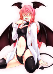 Rule 34 | 1girl, alternate costume, arm support, bat wings, belt buckle, black leotard, black thighhighs, blush, bodysuit, breasts, buckle, cameltoe, cleavage, cleavage cutout, clothing cutout, collared shirt, demon girl, demon tail, demon wings, dress shirt, fang, finger to mouth, fingernails, groin, hair between eyes, head wings, highleg, highleg leotard, inyuppo, kneeling, koakuma, latex, leotard, licking, licking finger, long fingernails, long hair, long sleeves, looking at viewer, low wings, medium breasts, naughty face, navel, navel cutout, open clothes, open mouth, open shirt, pink eyes, pink hair, saliva, shiny clothes, shirt, slit pupils, solo, spread legs, tail, thighhighs, tongue, tongue out, touhou, turtleneck, very long hair, white shirt, wings