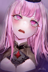 Rule 34 | 1girl, absurdres, ahegao, blush, commentary request, head tilt, highres, hololive, hololive english, long hair, looking away, looking up, mile (off8mile), mori calliope, open mouth, pink eyes, pink hair, portrait, rolling eyes, solo, teeth, twitter username, upper teeth only, veil, virtual youtuber