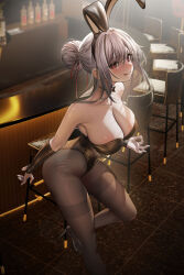 Rule 34 | 1girl, animal ears, bar (place), bare shoulders, black leotard, blush, bottle, breasts, brown pantyhose, chair, cleavage, collarbone, commentary request, counter, detached sleeves, fake animal ears, grey hair, hair bun, highleg, highleg leotard, highres, large breasts, leotard, licking lips, long hair, looking at viewer, nanaken nana, original, pantyhose, playboy bunny, rabbit ears, red eyes, revision, sidelocks, single hair bun, smile, solo, thighband pantyhose, thighs, tongue, tongue out, wine bottle