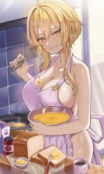Rule 34 | 1girl, apron, bare shoulders, blonde hair, bowl, bread, breasts, cleavage, commentary request, cooking, food, genshin impact, hair between eyes, highres, holding, holding bowl, holding whisk, kitchen, large breasts, looking at viewer, lumine (genshin impact), naked apron, o-los, short hair, short hair with long locks, sidelocks, slime (genshin impact), smile, solo, whisk, yellow eyes