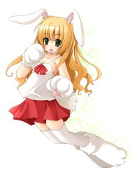 Rule 34 | animal ears, animal hands, blonde hair, green eyes, happy, long hair, open mouth, original, rabbit ears, rabbit tail, shibacha, solo, tail, thighhighs