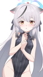 Rule 34 | 1girl, blue archive, blush, breasts, clenched hands, collarbone, commentary request, grey hair, hair between eyes, halo, highres, jacket, unworn jacket, kokona (blue archive), long hair, navel, no panties, rururiiro, simple background, small breasts, solo, white background, yellow eyes