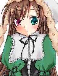 Rule 34 | 00s, 1girl, black ribbon, blush, brown hair, close-up, cross-laced clothes, frills, green eyes, head scarf, heterochromia, long hair, puffy sleeves, red eyes, ribbon, rozen maiden, simple background, solo, straightchromia, suiseiseki, upper body, very long hair, wavy mouth
