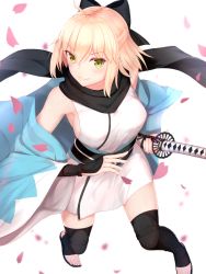 Rule 34 | 1girl, ahoge, arm guards, black bow, black neckwear, blonde hair, blue kimono, bow, breasts, commentary request, dress, fate/grand order, fate (series), green eyes, hair between eyes, hair bow, highres, holding, holding sword, holding weapon, japanese clothes, katana, kimono, looking at viewer, medium breasts, okita souji, okita souji (fate), okita souji (koha-ace), reuri (tjux4555), sash, shin guards, short hair, sideboob, sword, thighhighs, thighs, weapon, white dress, wide sleeves, zettai ryouiki