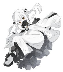 Rule 34 | 1girl, absurdres, ass, black ribbon, blue archive, coat, colored skin, commentary, cross-shaped pupils, crotch, ein (blue archive), hair ribbon, highres, inui/byte, legs, long hair, long sleeves, looking at viewer, mechanical tail, midair, open clothes, open coat, respirator, ribbon, sidelocks, sleeves past fingers, sleeves past wrists, solo, stomach, symbol-only commentary, symbol-shaped pupils, tail, thighs, twintails, white background, white coat, white hair, white skin, yellow eyes