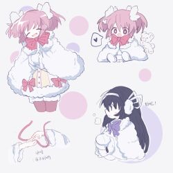 Rule 34 | 2girls, akemi homura, black hair, bow, bright pupils, capelet, chinese commentary, chinese text, closed eyes, closed mouth, commentary request, earmuffs, fur capelet, fur thighhighs, fur trim, hair bow, hair ribbon, heart, highres, kaname madoka, long hair, mahou shoujo madoka magica, mahou shoujo madoka magica (anime), medium hair, multiple girls, neck ribbon, pink eyes, pink hair, pink ribbon, pink thighhighs, purple ribbon, ribbon, smile, spoken heart, thighhighs, translation request, tukiliii, twintails, white bow, white capelet, white pupils, white ribbon, winter clothes