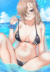 Rule 34 | 1girl, absurdres, asuna (blue archive), bare arms, bare legs, bare shoulders, bikini, black bikini, blonde hair, blue archive, blue eyes, blue nails, blue sky, breasts, cleavage, cloud, day, feet out of frame, grin, hair over one eye, hair ribbon, halo, hand up, highres, large breasts, long hair, looking at viewer, mole, mole on breast, nahanmin, nail polish, navel, ocean, outdoors, pulled by self, ribbon, scrunchie, sky, smile, solo, stomach, strap pull, string bikini, swimsuit, thighs, very long hair, water, wet, wrist scrunchie