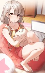 Rule 34 | 1girl, :o, absurdres, bare arms, bare legs, bare shoulders, barefoot, blurry, blurry background, braid, braided bangs, cabinet, camisole, carpet, collarbone, computer, cushion, depth of field, fingernails, from above, full body, grey hair, hair tie, highres, hisakawa nagi, hugging doll, hugging object, idolmaster, idolmaster cinderella girls, indoors, kakaobataa, knees up, laptop, light blush, long hair, looking at viewer, low twintails, parted lips, red shorts, room, shorts, sitting, solo, spaghetti strap, stuffed animal, stuffed cat, stuffed toy, toenails, toes, twintails, wooden floor, yellow camisole, yellow eyes