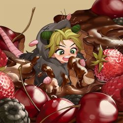 Rule 34 | 1girl, :d, animal costume, animal hands, blackberry (fruit), blush, cake, cherry, chibi, chocolate, chocolate cake, chocolate syrup, double bun, eating, food, food on clothes, fruit, ginmu, green eyes, green hair, hair bun, holding, holding food, icing, jojo no kimyou na bouken, kuujou jolyne, looking at object, mini person, minigirl, mouse costume, mouse tail, multicolored hair, open mouth, raspberry, sitting on food, smile, solo, sparkle, stone ocean, strawberry, symbol in eye, tail, two-tone hair, v-shaped eyebrows