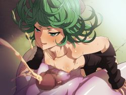 Rule 34 | 1girl, bare shoulders, black dress, blush, breasts, censored, clothed female nude male, cum, don (rg06268), dress, ejaculation, flat chest, green eyes, green hair, highres, ice place, legs, long sleeves, looking up, lying, mosaic censoring, naizuri, naughty face, nipples, no bra, nude, one-punch man, open clothes, paizuri, penis, short hair, simple background, solo focus, sweat, tatsumaki, thighs, tongue