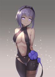 Rule 34 | 1girl, backless outfit, bad id, bad twitter id, bare shoulders, belt, black gloves, black hairband, black leotard, blue flower, breasts, center opening, cleavage, commentary request, dark-skinned female, dark skin, fate/prototype, fate/prototype: fragments of blue and silver, fate (series), fingerless gloves, flower, gloves, grey background, hairband, hassan of serenity (fate), large breasts, leggings, leotard, maekawa yuichi, navel, purple eyes, purple hair, short hair, smile, solo, star (symbol), starry background