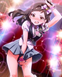 Rule 34 | 10s, 1girl, artist request, brown hair, character name, idolmaster, idolmaster million live!, jpeg artifacts, kitazawa shiho, long hair, microphone, official art, signature, yellow eyes