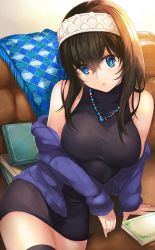 Rule 34 | 1girl, :o, ashita (2010), bad id, bad twitter id, bare shoulders, black hair, black thighhighs, blue eyes, blush, book, breasts, commentary request, hairband, idolmaster, idolmaster cinderella girls, jewelry, long hair, looking at viewer, medium breasts, necklace, open mouth, sagisawa fumika, sitting, solo, thighhighs