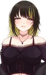 Rule 34 | 1girl, bare shoulders, black bra, black hair, black shirt, blonde hair, blush, bra, bra strap, breasts, collarbone, cropped shirt, cross-laced clothes, frilled shirt, frills, frown, half-closed eyes, highres, idolmaster, idolmaster shiny colors, ikaruga luca, jewelry, kyana (5024777), looking at viewer, medium breasts, multicolored hair, necklace, off-shoulder shirt, off shoulder, parted lips, pendant, see-through, see-through shirt, shirt, simple background, solo, streaked hair, two-tone hair, underwear, upper body, white background, yellow eyes