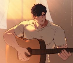 Rule 34 | 1boy, acoustic guitar, artist name, bara, black hair, guitar, holding, holding instrument, instrument, large pectorals, male focus, muscular, muscular male, music, original, pectorals, playing instrument, shirt, short hair, smile, solo, thick eyebrows, upper body, white shirt, yotti