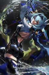 Rule 34 | 1girl, absurdres, artist logo, ass, back cutout, black gloves, black hairband, black thighhighs, blue hair, blue necktie, bodysuit, boots, breasts, brown eyes, butterfly hair ornament, clothing cutout, eula (genshin impact), fighting stance, genshin impact, gloves, gradient eyes, hair between eyes, hair ornament, hairband, high heel boots, high heels, highres, holding, holding sword, holding weapon, ice, leg up, long hair, looking at viewer, medium breasts, meltyrice, multicolored eyes, necktie, parted lips, shoulder cutout, signature, solo, song of broken pines (genshin impact), swinging, sword, thigh boots, thighhighs, weapon