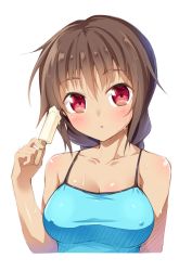 Rule 34 | 1girl, bare shoulders, blush, braid, breasts, brown hair, camisole, cleavage, collarbone, covered erect nipples, dark-skinned female, dark skin, food, kazuma (kazumav), looking at viewer, original, parted lips, popsicle, red eyes, shiny skin, simple background, solo, sweat, upper body, white background