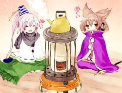 Rule 34 | 2girls, :d, ^ ^, blanket, blush, boiling, brown eyes, brown hair, cape, covered mouth, dress, earmuffs, closed eyes, hat, heater, high collar, kettle, long hair, long sleeves, looking at viewer, makuwauri, mononobe no futo, multiple girls, open mouth, pointy hair, ponytail, propane tank, scarf, seiza, silver hair, sitting, sleeves past wrists, smile, steam, sword, tate eboshi, touhou, toyosatomimi no miko, weapon
