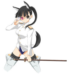 Rule 34 | 00s, 1girl, animal ears, black hair, blunt bangs, breasts, brown eyes, cat ears, cat girl, dog ears, dog tail, eyepatch, female focus, full body, heterochromia, kneeling, leotard, long hair, long sleeves, looking at viewer, maro nie, military, military uniform, ponytail, red eyes, sakamoto mio, shirt, simple background, solo, strike witches, striker unit, swimsuit, swimsuit under clothes, sword, tail, thighhighs, uniform, weapon, white background, white shirt, world witches series, zettai ryouiki