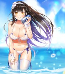 Rule 34 | 1girl, bad id, bad pixiv id, bikini, blush, breasts, brown hair, can, cleavage, collarbone, day, drink can, female focus, fingerless gloves, flower, girls&#039; frontline, gloves, hair ornament, hairband, large breasts, long hair, looking at viewer, navel, ocean, official alternate costume, outdoors, shorarung, side-tie bikini bottom, smile, soda can, solo, standing, summer, swimsuit, thighhighs, type 95 (girls&#039; frontline), type 95 (summer cicada) (girls&#039; frontline), wading, wet, white bikini, white gloves, white thighhighs, yellow eyes