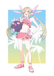 Rule 34 | 1girl, bandages, bikini, blush, commentary, creature, fang, full body, hair between eyes, hair ornament, hand on own hip, holding, kintamawaru, light brown hair, long hair, looking at viewer, midriff, natori sana, navel, open mouth, palm tree, pink bikini, rabbit hair ornament, red eyes, ribs, saana-kun, sana channel, sandals, simple background, skin fang, smile, solo, swimsuit, tree, two side up, virtual youtuber