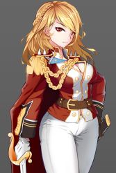 Rule 34 | 1girl, azur lane, belt, blonde hair, braid, breasts, cape, cleavage, cleavage cutout, clothing cutout, epaulettes, french braid, grey background, large breasts, long hair, painttool sai, pants, prince of wales (azur lane), red eyes, saber (weapon), scabbard, sheath, solo, sword, unsheathed, weapon, white pants, zhongji renxing zi zou xian danhuang