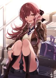 Rule 34 | 1girl, absurdres, bag, blazer, brown hair, brown jacket, commentary request, diagonal-striped clothes, diagonal-striped necktie, floating hair, highres, idolmaster, idolmaster shiny colors, jacket, knees up, long hair, looking at viewer, miniskirt, necktie, open mouth, osaki amana, pink nails, plaid, plaid skirt, pleated skirt, puni (punycolors), school bag, school uniform, sitting, sitting on stairs, skirt, solo, stairs, striped clothes, sweater, swept bangs, thighs, wind, yellow eyes