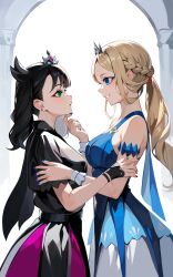 2girls armlet black_hair black_nails blonde_hair blue_dress blue_eyes blue_nails braid breasts closed_mouth commentary creatures_(company) dress earrings eye_contact eyelashes from_side game_freak green_eyes grin hand_on_another&#039;s_chin highres jewelry long_hair looking_at_another marnie_(champion)_(pokemon) marnie_(pokemon) multiple_girls nail_polish nintendo official_alternate_costume pokemon pokemon_masters_ex serena_(champion)_(pokemon) serena_(pokemon) smile stroking_another&#039;s_chin teeth tiara tor_(torkrub111) white_background