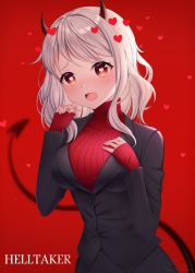 Rule 34 | 1girl, black horns, black skirt, black suit, blush, breasts, copyright name, cowboy shot, demon girl, demon horns, demon tail, formal, gradient background, hand on own chest, heart, heart-shaped pupils, helltaker, highres, horns, large breasts, long hair, long sleeves, looking at viewer, modeus (helltaker), open mouth, pencil skirt, red background, red eyes, red sweater, ribbed sweater, signature, simple background, skirt, sleeves past wrists, solo, sue (myblackstar5), suit, sweater, symbol-shaped pupils, tail, turtleneck, turtleneck sweater, white hair