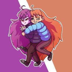 Rule 34 | 2girls, ahoge, annoyed, badeline, blush stickers, celeste (video game), coat, colored sclera, commentary, english commentary, full body, grin, highres, hug, hug from behind, long hair, madeline (celeste), multiple girls, one eye closed, orange hair, pants, puffy coat, purple hair, red sclera, shoes, smile, spawfin, twitter username, very long hair