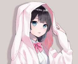 Rule 34 | 1girl, animal hood, aqua eyes, black hair, bow, rabbit hood, character name, dress shirt, hair ornament, hairclip, hijiki (hijikini), hood, hoodie, nijisanji, parted lips, pink bow, pink neckwear, pink ribbon, ribbon, school uniform, shirt, solo, tsukino mito, virtual youtuber, white hoodie, white shirt