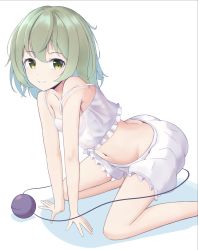 Rule 34 | 1girl, all fours, arched back, arm support, bare arms, bare shoulders, bloomers, breasts, camisole, closed mouth, collarbone, eyeball, foot out of frame, from side, green eyes, green hair, groin, highres, komeiji koishi, looking at viewer, medium hair, midriff, navel, no headwear, simple background, small breasts, smile, solo, stomach, third eye, touhou, underwear, underwear only, wavy hair, white background, white bloomers, wottosei