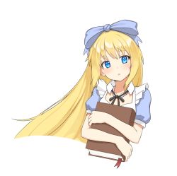 Rule 34 | 1girl, :o, alice (black souls), black ribbon, black souls, blonde hair, blue eyes, blue ribbon, book, bookmark, hair ribbon, highres, holding, holding book, long hair, looking at viewer, neck ribbon, open mouth, puffy short sleeves, puffy sleeves, ribbon, ribbonsnek, short sleeves, simple background, solo, straight hair, transparent background, upper body, very long hair, white background