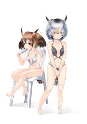 Rule 34 | 2girls, absurdres, animal ears, arm rest, bare arms, bare legs, bare shoulders, barefoot, bird tail, bird wings, black hair, brown eyes, brown hair, chair, collarbone, covering own eyes, eating, eurasian eagle owl (kemono friends), food, food in mouth, full body, grey hair, hair over eyes, hand up, head wings, highres, holding, holding food, kemono friends, multicolored hair, multiple girls, navel, northern white-faced owl (kemono friends), open mouth, owl ears, own hands together, popsicle, short hair, simple background, sitting, standing, stomach, sweat, swimsuit, tadano magu, tail, toes, v arms, white background, white hair, wings