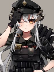 Rule 34 | 1girl, adjusting clothes, adjusting headwear, arknights, belt pouch, black gloves, black hat, black shirt, bulletproof vest, closed mouth, collared shirt, commentary, dragon horns, english commentary, gloves, grey background, hair between eyes, hand on own hip, hat, highres, horns, id card, long hair, looking at viewer, nanoru/shai, official alternate costume, one eye closed, orange eyes, police hat, pouch, saria (arknights), saria (the law) (arknights), shield, shirt, silver hair, simple background, sleeves rolled up, solo, upper body, walkie-talkie