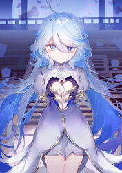 Rule 34 | 1girl, absurdres, ahoge, arms behind back, blue dress, blue eyes, blue hair, blurry, blurry background, blush, cleavage cutout, closed mouth, clothing cutout, colored inner hair, commentary, cowboy shot, cowlick, dress, drop-shaped pupils, eyelashes, flat chest, floating hair, furina (genshin impact), genshin impact, gold trim, gradient clothes, gradient dress, hair between eyes, hair intakes, heterochromia, highres, juliet sleeves, long hair, long sleeves, looking at viewer, mismatched pupils, multicolored clothes, multicolored dress, multicolored hair, puffy sleeves, sidelocks, sikaku, smile, solo, spoilers, standing, streaked hair, symbol-only commentary, symbol-shaped pupils, very long hair, white dress, white hair