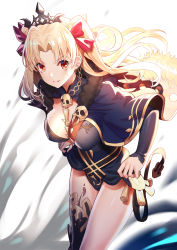 Rule 34 | 1girl, armor, armored boots, asymmetrical legwear, between breasts, blonde hair, blue cape, blue dress, blue thighhighs, blush, boots, bow, breasts, brown eyes, cape, commentary, covered erect nipples, detached collar, dress, earrings, ereshkigal (fate), fate/grand order, fate (series), hair bow, highres, infinity symbol, jewelry, long hair, long sleeves, looking at viewer, medium breasts, necklace, nose blush, parted bangs, parted lips, purple bow, red bow, ririko (zhuoyandesailaer), single thigh boot, single thighhigh, skull, sleeves past wrists, smile, solo, spine, sweat, thigh boots, thighhighs, tiara, tohsaka rin, two side up, uneven legwear, very long hair