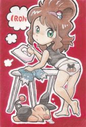 Rule 34 | 10s, 1girl, barefoot, blush, blush stickers, brown hair, clothes iron, creatures (company), english text, feet, from behind, game freak, gen 5 pokemon, green eyes, hilda (pokemon), ironing board, looking at viewer, looking back, nintendo, no pants, oda takashi, outline, panties, poke ball, pokemon, pokemon (creature), pokemon bw, print panties, red background, shorts, simple background, standing, tepig, underwear, unworn shorts
