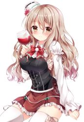 Rule 34 | 10s, 1girl, alcohol, blush, breasts, brown eyes, brown hair, cup, drinking glass, frilled skirt, frills, grey hair, hair between eyes, hat, jpeg artifacts, kantai collection, long hair, long sleeves, looking at viewer, medium breasts, miniskirt, nogi takayoshi, pola (kancolle), red skirt, ribbon, skirt, smile, solo, thighhighs, wavy hair, white thighhighs, wine, wine glass