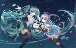 Rule 34 | 2girls, :3, absurdres, aqua eyes, aqua hair, aqua necktie, bare shoulders, bilibili, black legwear, black skirt, commentary, detached sleeves, drsn, green eyes, hair ornament, hatsune miku, headphones, highres, holding, index finger raised, leg up, long hair, luo tianyi, multiple girls, necktie, outstretched arm, shirt, short hair with long locks, shoulder tattoo, sidelocks, silver hair, skirt, sky, sleeveless, sleeveless shirt, star (sky), starry sky, tattoo, tetrahedron, thighhighs, time lapse, triangle, twintails, very long hair, vocaloid, w, wristband, xiao dianshi, zettai ryouiki